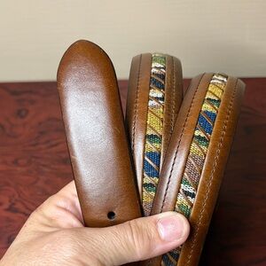 Columbia Belt Leather Brown Southwestern Fabric Inlay Gold Single Prong Buckle
